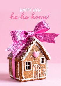 Weihnachtliche Umzugskarte pink mit Lebkuchenhaus