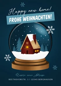 Weihnachts-Umzugskarte Schneekugel mit Haus
