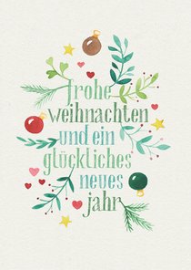 Weihnachtsgrüße Aquarell Zweige & Weihnachtskugeln