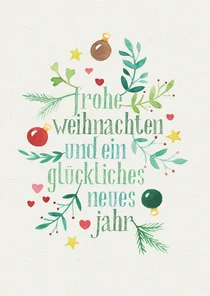 Weihnachtsgrüße Aquarell Zweige & Weihnachtskugeln