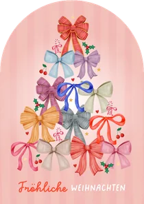 Weihnachtskarte Bogenform Weihnachtsbaum bunte Schleifen