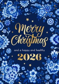 Weihnachtskarte Delfter Blau geschäftlich 2026 Blumen
