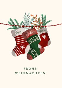 Weihnachtskarte drei Weihnachtssocken mit Namen