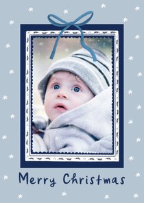 Weihnachtskarte Foto in blauem Rahmen mit Schleife