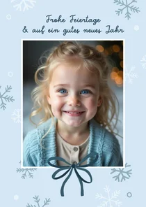 Weihnachtskarte Foto Schleife Blau Schneeflocken
