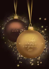 Weihnachtskarte Goldglitzer mit klassischen Weihnachtskugeln