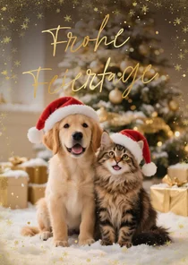 Weihnachtskarte Hund & Katze mit Weihnachtsmütze