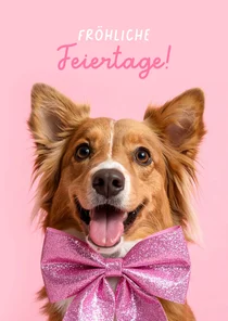 Weihnachtskarte Hunde mit Glitzerschleife auf rosa