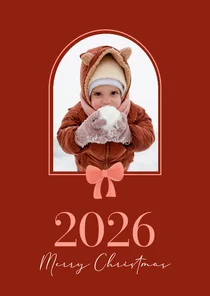 Weihnachtskarte mit Foto Bogen und Schleife auf rot