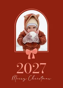 Weihnachtskarte mit Foto Bogen und Schleife auf rot