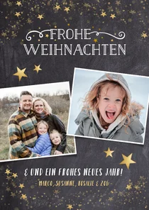 Weihnachtskarte mit Fotos und Goldsternen