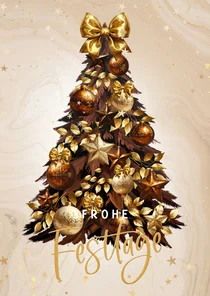 Weihnachtskarte mit goldener Christbaum Kugeln und Schleifen