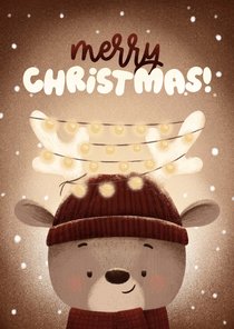 Weihnachtskarte Rentier mit Mütze und Lichterkette Geweih