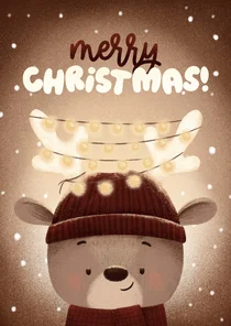 Weihnachtskarte Rentier mit Mütze und Lichterkette Geweih