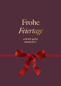 Weihnachtskarte rote Schleife auf Lila 'Frohe Feiertage'