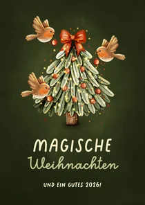 Weihnachtskarte Rotkehlchen Tannenbaum magische Feiertage