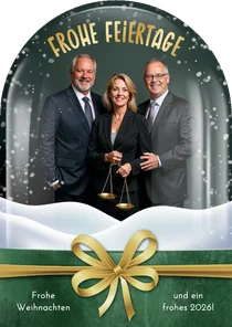 Weihnachtskarte Schneekugel mit Foto goldene Schleife Bogen