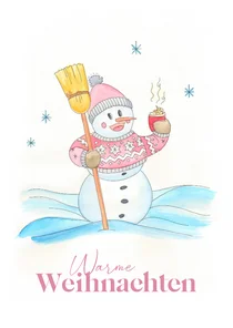 Weihnachtskarte Schneemann mit heißer Schokolade