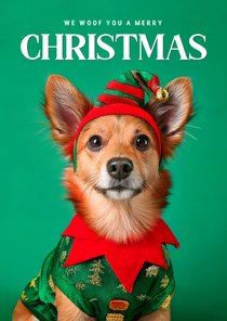 Weihnachtskarte Weihnachtself Hund mit Mütze