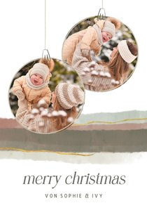 Weihnachtskarte Weihnachtskugeln mit Fotos Aquarellstreifen