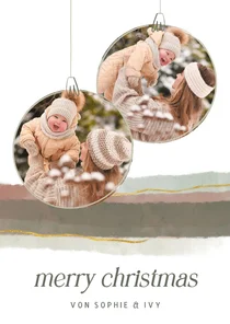 Weihnachtskarte Weihnachtskugeln mit Fotos Aquarellstreifen