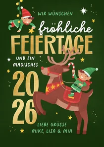 Weihnachtskarte Wichtel Rentier Feiertage 2027 lustig