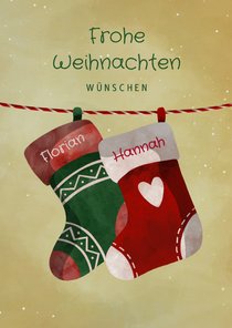 Weihnachtskarte zwei Weihnachtssocken an Schnur