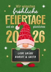 Weihnachtswichtel Wichtelmütze Tafel 'fröhliche Feiertage'
