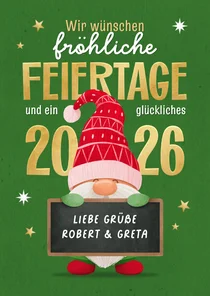 Weihnachtswichtel Wichtelmütze Tafel 'fröhliche Feiertage'