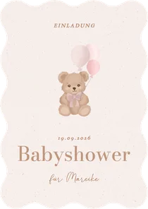 Wellenkarte Einladung Babyshower Teddybär rosa Luftballons