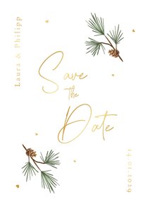 Winter Save-the-Date-Hochzeitskarte Tannenzweige