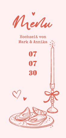 Menükarte Hochzeit Doodles Kerze und Austern rosa