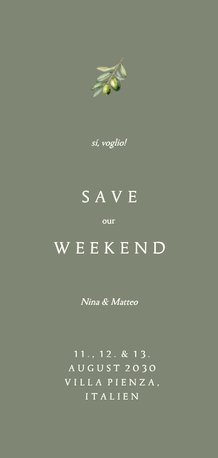 Save-the-Date Karte Olivenzweig Auslandshochzeit Weekend