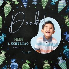 Danksagung Einschulung blau-grüne Schultüten & Foto