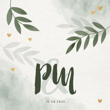 Einladungskarte zur Hochzeit mit Blättern, Herzen & Foto