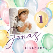 Foto-Einladung 1. Geburtstag bunte Luftballons Aquarell