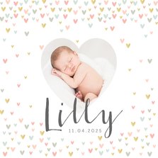 Geburtskarte mit Foto in Herzform & kleinen Herzchen