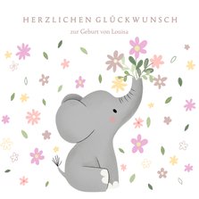 Glückwunschkarte Geburt Elefant mit Blumen