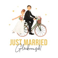 Glückwunschkarte 'Just married' Brautpaar auf Fahrrad