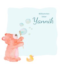 Glückwunschkarte zur Geburt Bär mit Seifenblasen