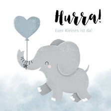 Glückwunschkarte zur Geburt Elefant mit Herzluftballon