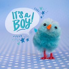 Glückwunschkarte zur Geburt mit blauem Küken 'It’s a boy!'