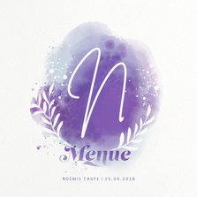 Menue-Karte Taufe mit Initialen & Wasserfarbe Violett