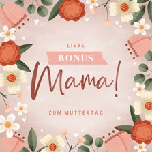 Muttertagskarte Bonusmama mit Blumenkranz & Herzchen