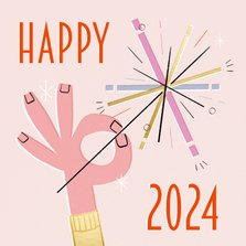 Neujahrsgrußkarte 'Happy 2024' Hand mit Wunderkerze