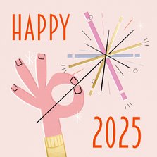 Neujahrsgrußkarte 'Happy 2025' Hand mit Wunderkerze