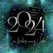 Neujahrskarte Jahreszahl und Feuerwerk in Blaugrün