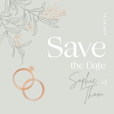 Save-the-Date-Karte Blüten & Ringe kupfer
