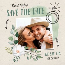 Save-the-Date-Karte zur Hochzeit Blumen & Doodles mit Foto