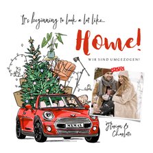 Weihnachts-Umzugskarte Auto mit Hausrat